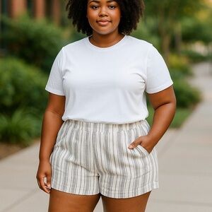 Time and Tru Women Plus sz XXXL (22) White Gray Linen Blend Shorts Elastic Waist